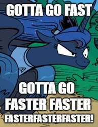 Size: 212x275 | Tagged: safe, edit, idw, princess luna, alicorn, pony, g4, spoiler:comic, clothes, comic, cropped, crossover, female, gotta go fast, magic shirt, male, mare, meme, reference, running, shirt, solo, sonic the hedgehog, sonic the hedgehog (series), sonic x, star trek, wheel o feet
