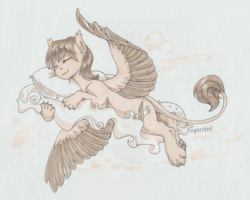 Size: 2560x2053 | Tagged: safe, artist:nightskrill, oc, oc only, oc:corpsly, sphinx, cloud, cutie mark, ear fluff, high res, leonine tail, male, paw pads, paws, pillow, simple background, sketch, sleeping, smiling, solo, sphinx oc, spread wings, traditional art, wings
