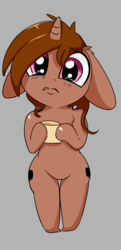 Size: 763x1577 | Tagged: safe, artist:taurson, oc, oc only, oc:coffee, unicorn, semi-anthro, arm hooves, bipedal, both cutie marks, cup, female, gray background, sad, simple background, solo