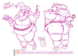 Size: 2000x1434 | Tagged: safe, artist:royaljellysandwich, pinkie pie, human, g4, bbw, belly, big belly, cake, clothes, eating, fat, food, gym uniform, headband, humanized, monochrome, morbidly obese, obese, patreon, piggy pie, pudgy pie, speech bubble, weight gain, workout outfit