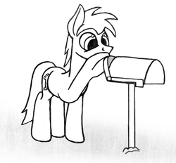 Size: 766x710 | Tagged: safe, artist:dsb71013, oc, oc only, oc:night cap, pony, lineart, looking at something, mailbox, monochrome, raised hoof, simple background, solo, white background
