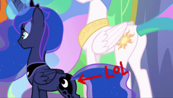 Size: 1920x1080 | Tagged: safe, artist:dwk, edit, edited screencap, screencap, princess celestia, princess luna, alicorn, pony, totally legit recap, celestial advice, g4, butt, concave belly, crown, duo, ethereal mane, ethereal tail, female, folded wings, height difference, hoof shoes, jewelry, lidded eyes, lol, long mane, mare, peytral, plot, princess shoes, regalia, royal sisters, slender, standing, starry mane, starry tail, tail, thin, tiny butt, wings