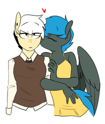 Size: 481x566 | Tagged: safe, artist:redxbacon, oc, oc only, oc:jade shine, oc:note clip, earth pony, pegasus, anthro, anthro oc, cheek kiss, clothes, dress, female, heart, kissing, lesbian, mare, oc x oc, shipping, smiling, sweater vest