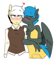 Size: 494x547 | Tagged: safe, artist:redxbacon, oc, oc only, oc:jade shine, oc:note clip, earth pony, pegasus, anthro, anthro oc, blushing, cheek kiss, clothes, dress, female, heart, kissing, lesbian, mare, oc x oc, shipping, smiling, sweater vest