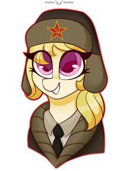 Size: 1535x2126 | Tagged: safe, artist:php97, march gustysnows, pony, g4, bust, communism, cyrillic, eye clipping through hair, female, hammer and sickle, hat, kgb, mare, russian, solo, soviet, soviet union, ushanka
