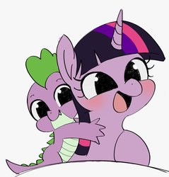 Size: 838x877 | Tagged: dead source, safe, artist:manachaaaaaaaa, spike, twilight sparkle, dragon, pony, g4, blushing, cute, female, male, mare, open mouth, simple background, smiling, spikabetes, twiabetes, weapons-grade cute, white background