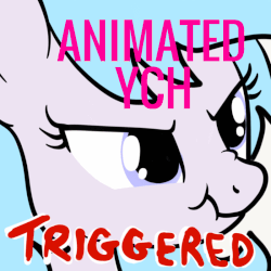 Size: 800x800 | Tagged: safe, artist:lannielona, pony, advertisement, animated, caption, commission, gif, gif with captions, meme, scrunchy face, silly, solo, triggered, vibrating, your character here