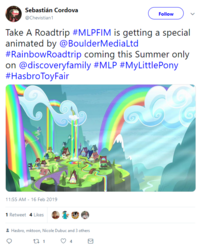 Size: 596x736 | Tagged: safe, boulder media, g4, my little pony: rainbow roadtrip, rainbow falls, cloud, house, liquid rainbow, meta, no pony, rainbow, rainbow falls (location), rainbow waterfall, social media, text, twitter