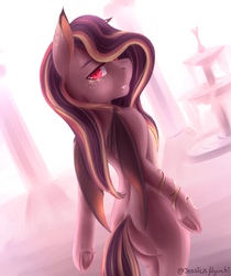 Size: 2100x2500 | Tagged: safe, artist:jessicanyuchi, oc, oc only, oc:delilah garnet, bat pony, pony, female, high res, looking at you, looking over shoulder, mare, markings, red eyes, simple background, solo, ych result
