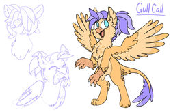 Size: 1280x838 | Tagged: safe, artist:sandwichbuns, oc, oc only, oc:gull call, fish, hippogriffon, hybrid, female, hair over eyes, magical lesbian spawn, mouth hold, offspring, parent:gilda, parent:princess skystar, rearing, simple background, sketch, solo, spread wings, white background, wings