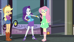 Size: 2560x1440 | Tagged: safe, screencap, applejack, fluttershy, rarity, equestria girls, g4, my little pony equestria girls: better together, street chic, autumn leaves, bare shoulders, boots, bracelet, clothes, cowboy boots, feet, female, fluttercold, geode of fauna, geode of shielding, geode of super strength, high heels, jewelry, leaves, legs, magical geodes, one eye closed, sandals, shoes, shorts, skirt, sleeveless, smiling, strapless, summer dress, trio, wink