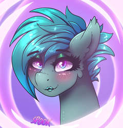 Size: 1956x2034 | Tagged: safe, artist:aaa-its-spook, oc, oc only, oc:dicey, bat pony, pony, blushing, eyeshadow, female, glowing eyes, lipstick, makeup, solo