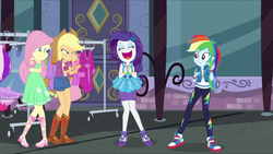 Size: 2560x1440 | Tagged: safe, screencap, applejack, fluttershy, rainbow dash, rarity, equestria girls, g4, my little pony equestria girls: better together, street chic, autumn, big smile, clothes, converse, cute, eyes closed, eyeshadow, female, happy, makeup, open mouth, pencil skirt, rarity peplum dress, shoes, skirt, smiling, sneakers