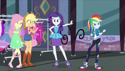 Size: 2560x1440 | Tagged: safe, screencap, applejack, fluttershy, rainbow dash, rarity, equestria girls, g4, my little pony equestria girls: better together, street chic, autumn, bare shoulders, clothes, clothes rack, converse, cropped, eyes closed, eyeshadow, female, fist, fluttercold, freezing, geode of fauna, geode of shielding, geode of super speed, geode of super strength, magical geodes, makeup, pencil skirt, rarity peplum dress, shivering, shoes, skirt, sleeveless, sneakers, strapless, window