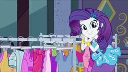 Size: 2560x1440 | Tagged: safe, screencap, rarity, equestria girls, equestria girls series, g4, street chic, spoiler:eqg series (season 2), clothes, looking at you, smiling, smiling at you, solo, window