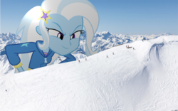 Size: 1600x1000 | Tagged: safe, artist:greenmachine987, artist:somerandomminion, edit, vector edit, trixie, pony, equestria girls, g4, my little pony equestria girls: better together, equestria girls in real life, female, giantess, irl, looking down, looming, macro, mountain, photo, photoshop, ponies in real life, smiling, smirk, snow, snowboard, story in the source, vector