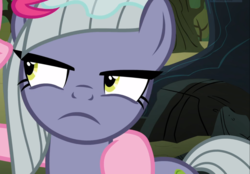Size: 1344x936 | Tagged: safe, screencap, limestone pie, pinkie pie, earth pony, pony, g4, the maud couple, close-up, cropped, female, glare, limestone pie is not amused, mare, offscreen character, sisters, solo focus