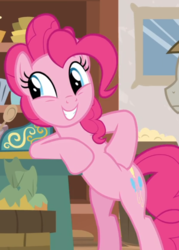 Size: 597x834 | Tagged: safe, screencap, mudbriar, pinkie pie, earth pony, pony, g4, the maud couple, bipedal, bipedal leaning, cropped, female, hooves on hips, leaning, looking at something, male, mare, offscreen character, smiling, solo focus, stallion