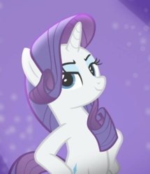 Size: 806x937 | Tagged: safe, screencap, rarity, pony, unicorn, fake it 'til you make it, g4, bipedal, cropped, female, hooves on hips, looking at you, mare, pose, smiling, smug, solo