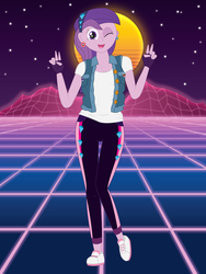Size: 2700x3600 | Tagged: safe, artist:miipack603, amethyst star, sparkler, equestria girls, g4, 80s, abstract background, autobot, breasts, buttons, captain america, cleavage, clothes, complex background, cutie mark, dc comics, decepticon, denim vest, diamond, female, fingerless gloves, gloves, grid, happy, headband, high res, lines, mountain, mountain range, no shading, one eye closed, one eye open, pants, peace sign, retro, shirt, shoes, sky, smiling, sneakers, solo, stars, sun, t-shirt, track pants, vaporwave, vest, wink, yoga pants