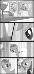 Size: 622x1343 | Tagged: safe, artist:brisineo, lightning dust, rainbow dash, pegasus, pony, fallout equestria, fallout equestria: red 36, g4, clothes, comic, desk, door, fanfic art, glare, looking up, ministry mares, ministry of awesome, monochrome, office, paperwork, poster, recruitment poster, regret, rivalry, shadowbolts, stepping into the frame, tree, uniform