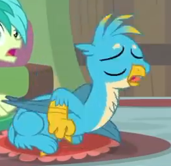 Size: 267x260 | Tagged: safe, screencap, gallus, sandbar, earth pony, griffon, pony, g4, interseason shorts, teacher of the month (episode), chest fluff, claws, cropped, eyes closed, faic, male, paws, wings