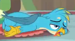 Size: 288x158 | Tagged: safe, screencap, gallus, sandbar, griffon, g4, teacher of the month (episode), spoiler:interseason shorts, birb, claws, cropped, male, offscreen character, tired, tongue out, wings