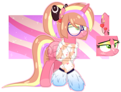 Size: 1738x1317 | Tagged: safe, artist:b-x-x-l, oc, oc only, oc:pink prada, pony, unicorn, blank flank, bow, clothes, ear piercing, earring, eyeshadow, female, glasses, hair bow, jewelry, leg warmers, makeup, mare, markings, piercing, ponytail, simple background, solo, sweater, transparent background, watermark