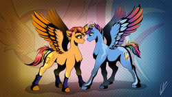 Size: 3265x1837 | Tagged: safe, artist:lupiarts, rainbow dash, spitfire, pegasus, pony, g4, concave belly, duo, female, fit, g5 concept leak style, g5 concept leaks, height difference, leg warmers, lesbian, muscles, physique difference, rainbow dash (g5 concept leak), ship:spitdash, shipping, slender, spread wings, sternocleidomastoid, tail wrap, thin, wallpaper, wings