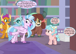 Size: 896x640 | Tagged: safe, edit, edited screencap, editor:korora, screencap, cozy glow, ocellus, silverstream, smolder, yona, pegasus, pony, yak, g4, what lies beneath, book, bookshelf, bow, cropped, dialogue, female, filly, hair bow, implied derpy, implied doctor whooves, implied rainbow dash, jewelry, library, necklace, school of friendship, speech bubble, tail bow, text, thought bubble