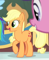 Size: 381x461 | Tagged: safe, screencap, applejack, berry blend, berry bliss, rainbow dash, earth pony, pony, g4, interseason shorts, teacher of the month (episode), applejack's hat, cowboy hat, cropped, cutie mark, friendship student, hat, offscreen character, smiling