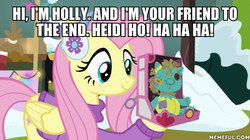 Size: 600x337 | Tagged: safe, edit, edited screencap, screencap, fluttershy, holly the hearths warmer doll, pony, g4, my little pony best gift ever, caption, child's play, clothes, image macro, memeful.com, text, winter outfit