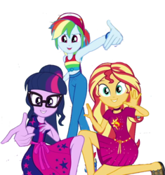 Size: 1924x2048 | Tagged: dead source, safe, artist:php77, edit, edited screencap, editor:php77, screencap, rainbow dash, sci-twi, sunset shimmer, twilight sparkle, equestria girls, g4, i'm on a yacht, my little pony equestria girls: better together, baseball cap, cap, clothes, dress, female, geode of empathy, geode of fauna, geode of shielding, geode of sugar bombs, geode of super speed, geode of super strength, geode of telekinesis, glasses, hat, magical geodes, not a vector, ponytail, trio, trio female