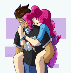 Size: 1850x1906 | Tagged: safe, artist:nolycs, pinkie pie, oc, oc:copper plume, human, equestria girls, blushing, bow, canon x oc, clothes, commission, commissioner:imperfectxiii, copperpie, cute, female, freckles, glasses, human coloration, humanized, legs, male, neckerchief, pants, piggyback ride, shipping, shirt, skirt, sleeping, straight, wristband