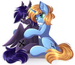 Size: 4501x3899 | Tagged: safe, artist:airiniblock, oc, oc only, pegasus, pony, unicorn, rcf community, female, hug, male, simple background, smiling, stallion, transparent background