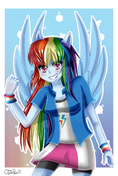 Size: 2000x3000 | Tagged: safe, artist:wolfchen999, rainbow dash, equestria girls, g4, blushing, clothes, compression shorts, cute, female, high res, looking at you, miniskirt, moe, shirt, shorts, skirt, smiling, solo, wings, wristband