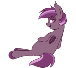 Size: 750x670 | Tagged: safe, artist:nenupharworld, oc, oc only, oc:iris, bat pony, pony, bat pony oc, fangs, female, lidded eyes, looking at you, looking back, looking back at you, lying down, mare, open mouth, simple background, solo, transparent background