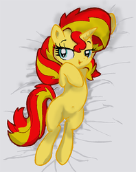 Size: 635x800 | Tagged: safe, artist:yewdee, sunset shimmer, pony, unicorn, g4, belly button, female, lidded eyes, looking at you, lying down, mare, on back, open mouth, solo