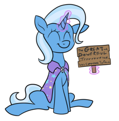 Size: 1935x1972 | Tagged: safe, artist:moonatik, trixie, pony, unicorn, g4, :t, accessory swap, cape, clothes, cute, diatrixes, eyes closed, female, happy, levitation, magic, mare, pony shaming, proud, sign, simple background, sitting, smiling, solo, tax fraud, telekinesis, text, transparent background, trixie's cape