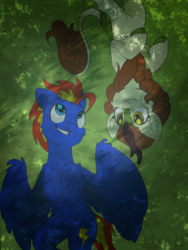 Size: 2379x3162 | Tagged: safe, artist:airfly-pony, derpibooru exclusive, autumn blaze, oc, oc:wing hurricane, kirin, pegasus, pony, rcf community, g4, sounds of silence, high res, looking up, smiling, teeth