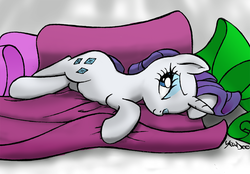 Size: 1200x837 | Tagged: safe, artist:yewdee, rarity, pony, unicorn, g4, cloth, crossed legs, fainting couch, female, lidded eyes, lying down, mare, signature, smiling, solo