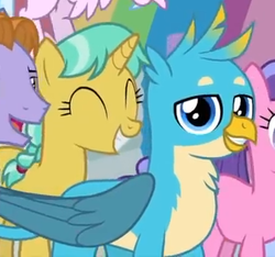 Size: 375x351 | Tagged: safe, screencap, auburn vision, berry blend, berry bliss, citrine spark, fire quacker, gallus, silverstream, griffon, pony, unicorn, g4, teacher of the month (episode), spoiler:interseason shorts, chest fluff, cute, female, friendship student, gallabetes, male, mare, offscreen character, quackerdorable, smiling, stallion, wings