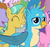 Size: 375x351 | Tagged: safe, screencap, auburn vision, berry bliss, citrine spark, gallus, silverstream, griffon, pony, unicorn, g4, interseason shorts, teacher of the month (episode), chest fluff, cute, female, friendship student, gallabetes, male, mare, offscreen character, quackerdorable, smiling, stallion, wings