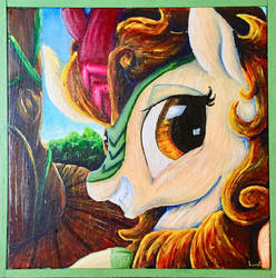 Size: 1024x1034 | Tagged: safe, artist:colorsceempainting, autumn blaze, kirin, pony, g4, season 8, sounds of silence, bust, cloven hooves, female, looking at you, painting, portrait, raised hoof, signature, smiling, solo, traditional art