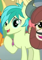 Size: 247x351 | Tagged: safe, screencap, huckleberry, sandbar, smolder, yona, earth pony, pony, yak, g4, teacher of the month (episode), spoiler:interseason shorts, cropped, female, friendship student, male, offscreen character, smiling