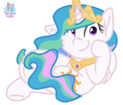 Size: 1462x1248 | Tagged: safe, artist:rainbow eevee, part of a set, princess celestia, alicorn, pony, g4, cheek fluff, crossed legs, cute, female, frog (hoof), hoof on face, looking at you, mare, one ear down, signature, simple background, sitting, smiling, solo, transparent background, underhoof