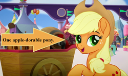 Size: 715x429 | Tagged: safe, edit, edited screencap, editor:korora, screencap, applejack, earth pony, pony, g4, my little pony: the movie, apple cider, applejack's hat, arrow, background pony, balloon, canterlot, captain obvious, cart, cowboy hat, cropped, cute, female, friendship festival, hat, jackabetes, mare, market, pennant, pun, raised hoof, text, unnamed character, unnamed pony
