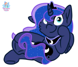 Size: 1462x1248 | Tagged: safe, artist:rainbow eevee, part of a set, princess luna, alicorn, pony, g4, cheek fluff, crossed legs, cute, cutie mark, female, frog (hoof), hoof on face, looking at you, mare, one ear down, signature, simple background, sitting, smiling, solo, transparent background, underhoof