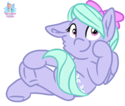 Size: 1462x1248 | Tagged: safe, artist:rainbow eevee, part of a set, flitter, pony, g4, cheek fluff, crossed legs, cute, cutie mark, female, frog (hoof), hoof on face, looking at you, mare, one ear down, signature, simple background, sitting, smiling, solo, transparent background, underhoof