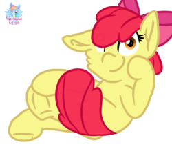 Size: 1462x1248 | Tagged: safe, artist:rainbow eevee, part of a set, apple bloom, earth pony, pony, g4, cheek fluff, crossed legs, female, filly, frog (hoof), hoof on face, looking at you, one ear down, signature, simple background, sitting, smiling, solo, transparent background, underhoof